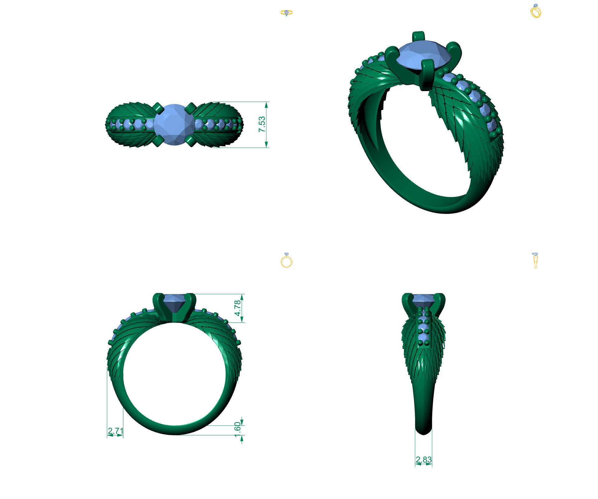 D-1754 emerald angel wings engagement ring 3D print model_5