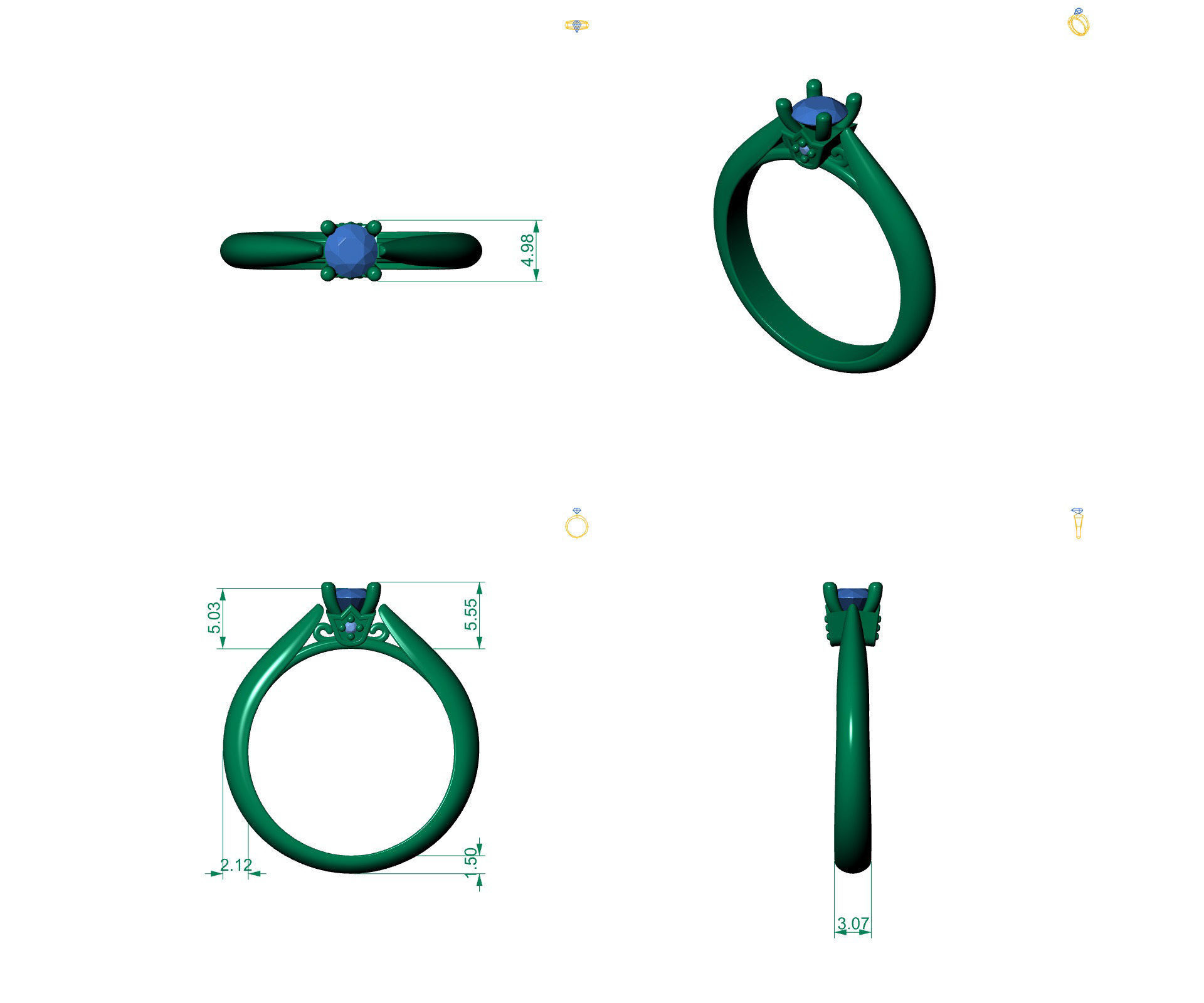 D-1768 solitaire diamond engagement ring gold 3D print model_5