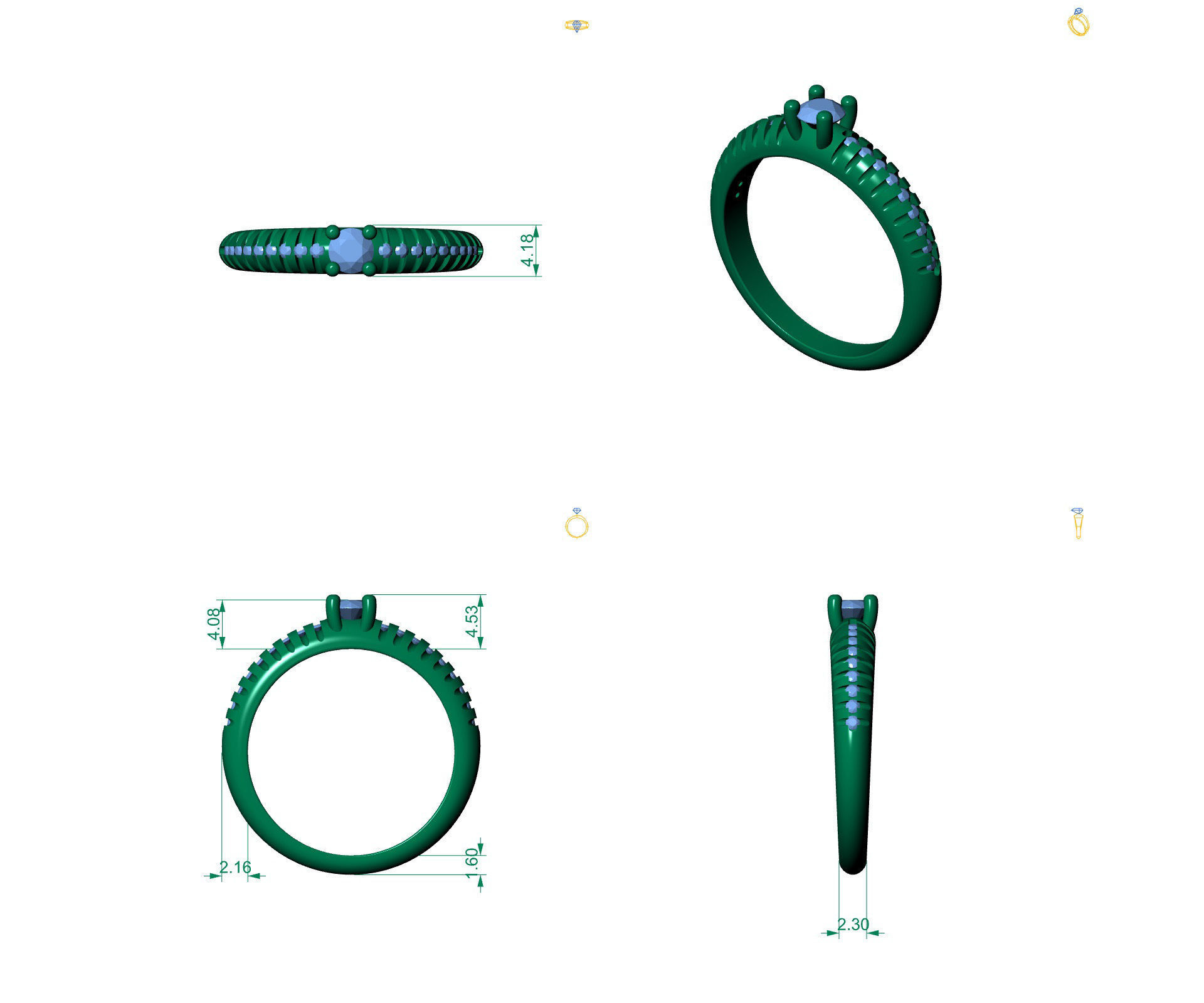 D-1835 diamond engagement ring gold 3D print model_5