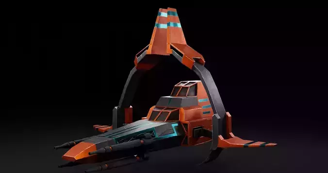 Low poly pbr Spaceship orange and