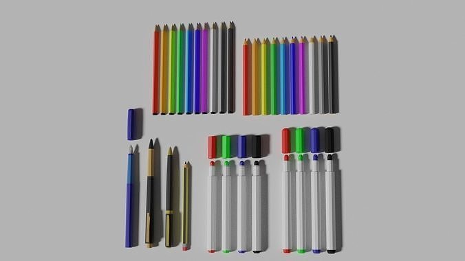 Lowpoly Pencil and Pen Set Low-poly 3D model