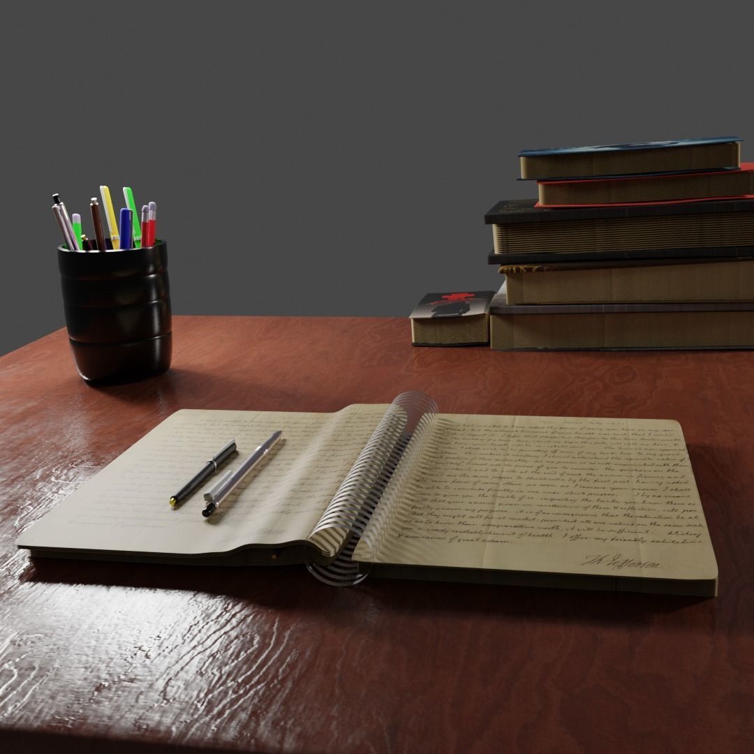 PEN BOOKS AND STUDY TABLE 3D model_2