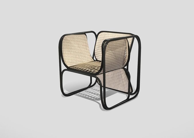 Braided rattan armchair with black tropical natural wood base 3D model
