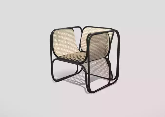 Braided rattan armchair with black tropical natural wood base 3D model