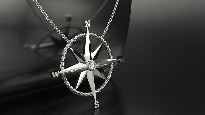 Compass Necklace - with twist rope on main body and a gemstone 3D print model