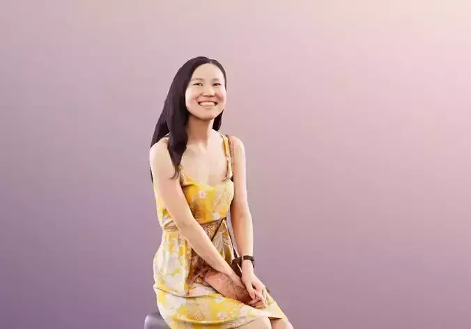 Anita 11354 - Asian Woman Yellow Summer Dress Sitting 