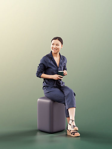 Anita 11358 - Asian Girl Jumpuit Sitting Coffee Business 3D model