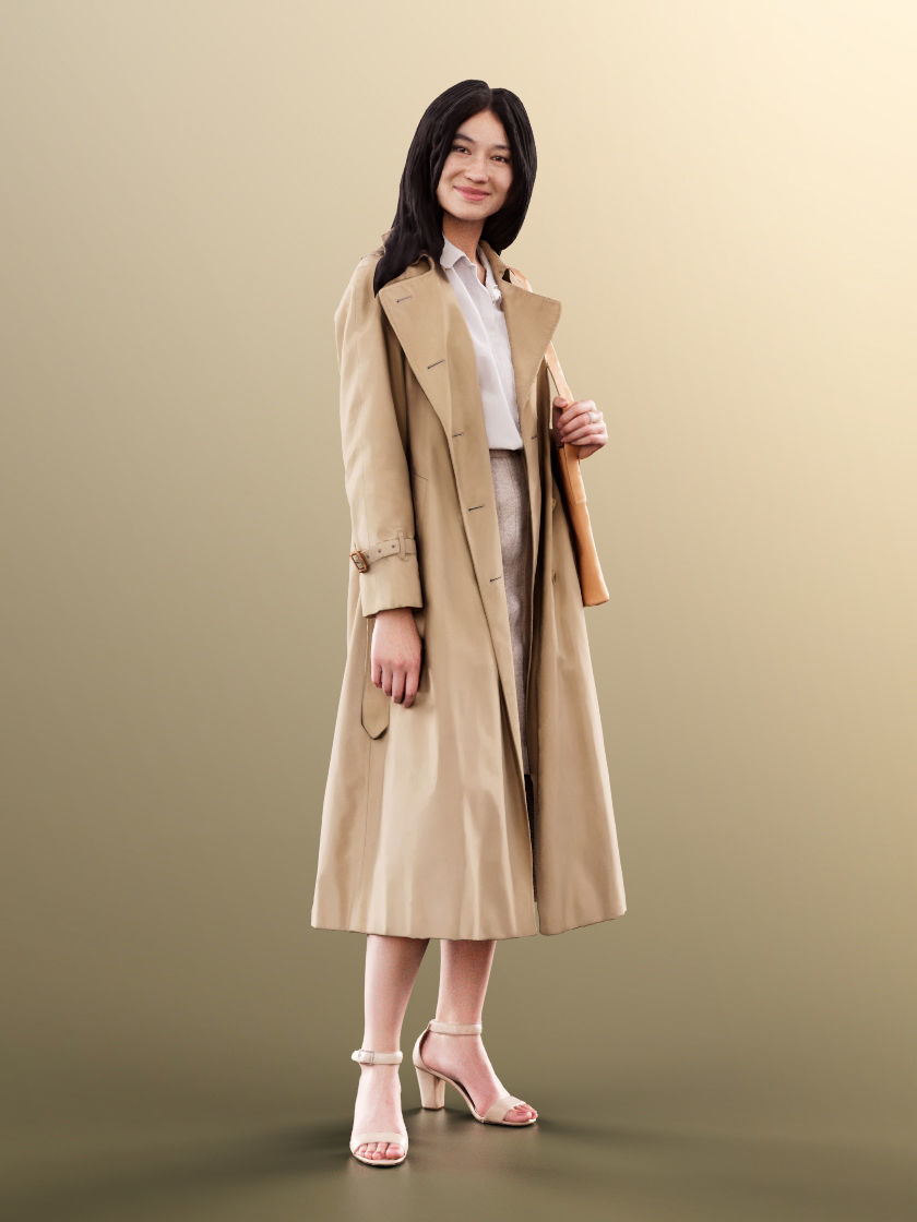 Francine 11401 - Asian Woman Standing Coat Smiling Fall Outfit Low-poly 3D model_2