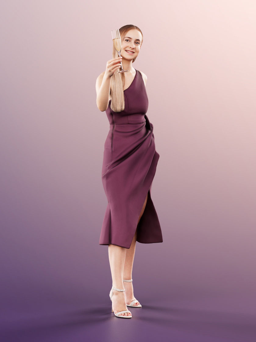Celine 11445 - Elegant Woman in Evening Gown with Champagne Glas 3D model_2