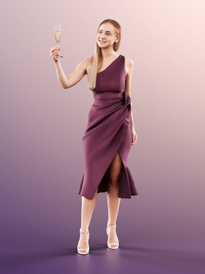 Celine 11445 - Elegant Woman in Evening Gown with Champagne Glas 3D model_3