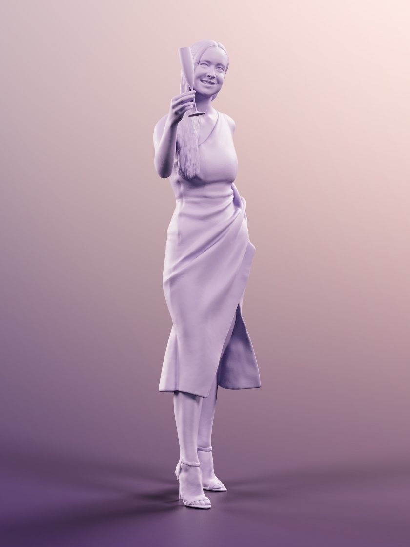 Celine 11445 - Elegant Woman in Evening Gown with Champagne Glas 3D model_4