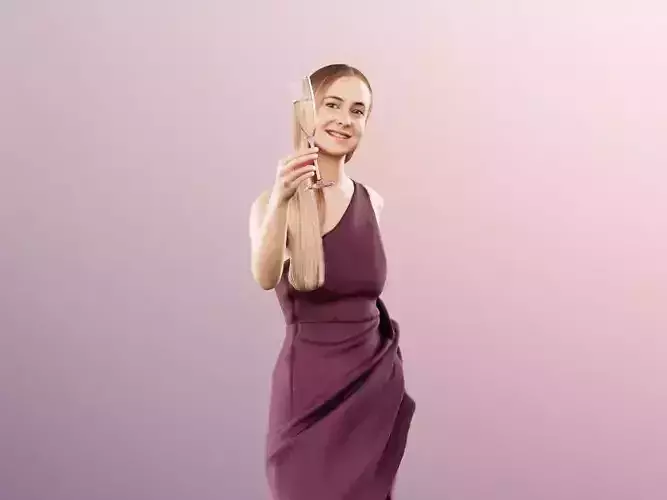 Celine 11445 - Elegant Woman in Evening Gown with Champagne Glas 3D model