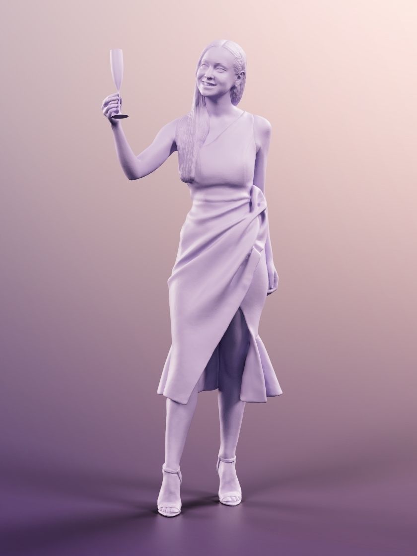 Celine 11445 - Elegant Woman in Evening Gown with Champagne Glas 3D model_5
