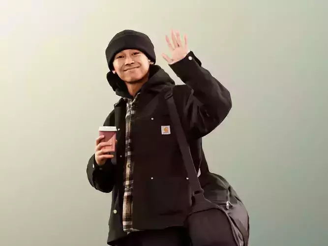 Ajay 11560 - Boy Waving With Sports Bag And Coffee 