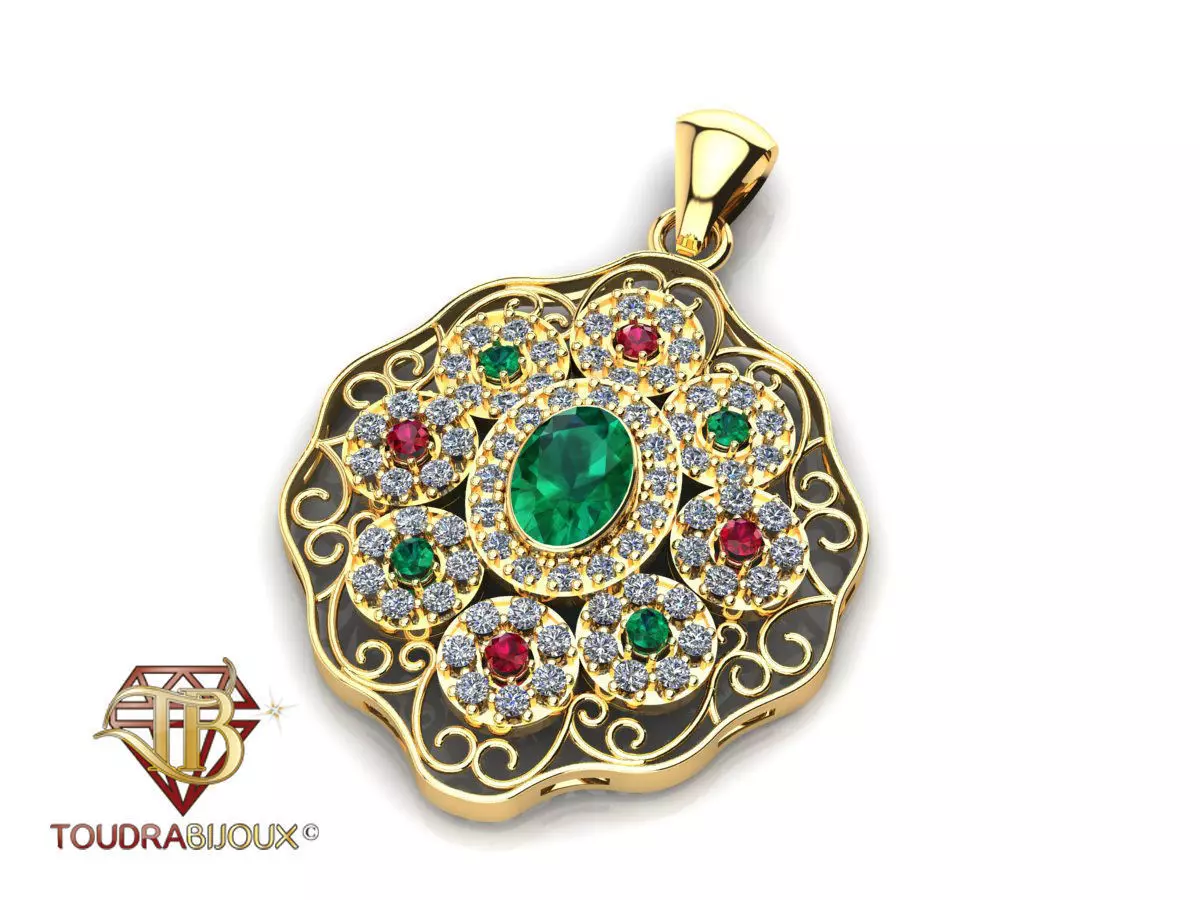 Gold Pendant with emerald and ruby 3d 3D print model_0