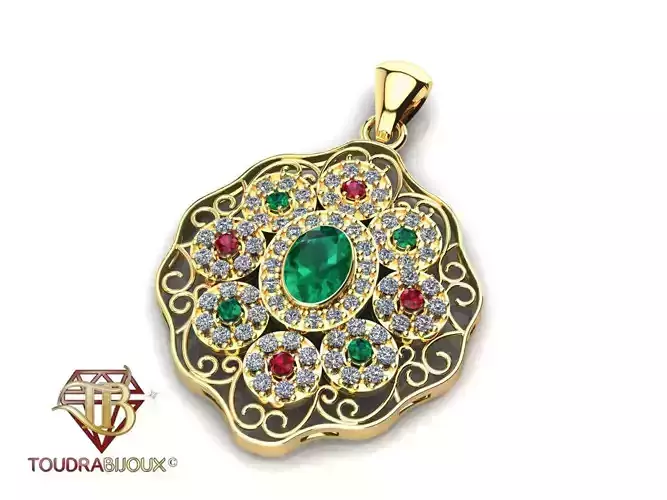 Gold Pendant with emerald and ruby 3d