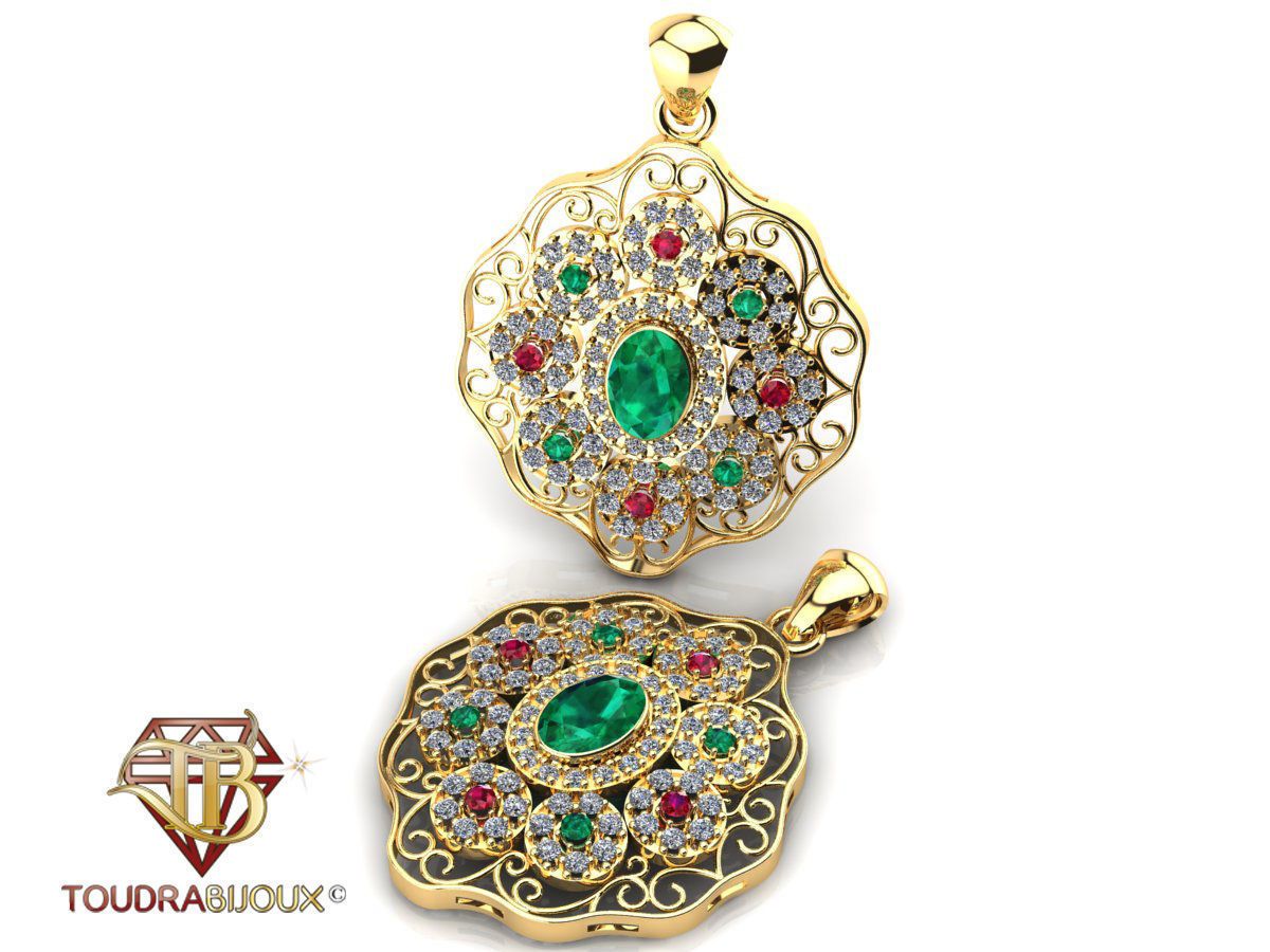 Gold Pendant with emerald and ruby 3d 3D print model_2