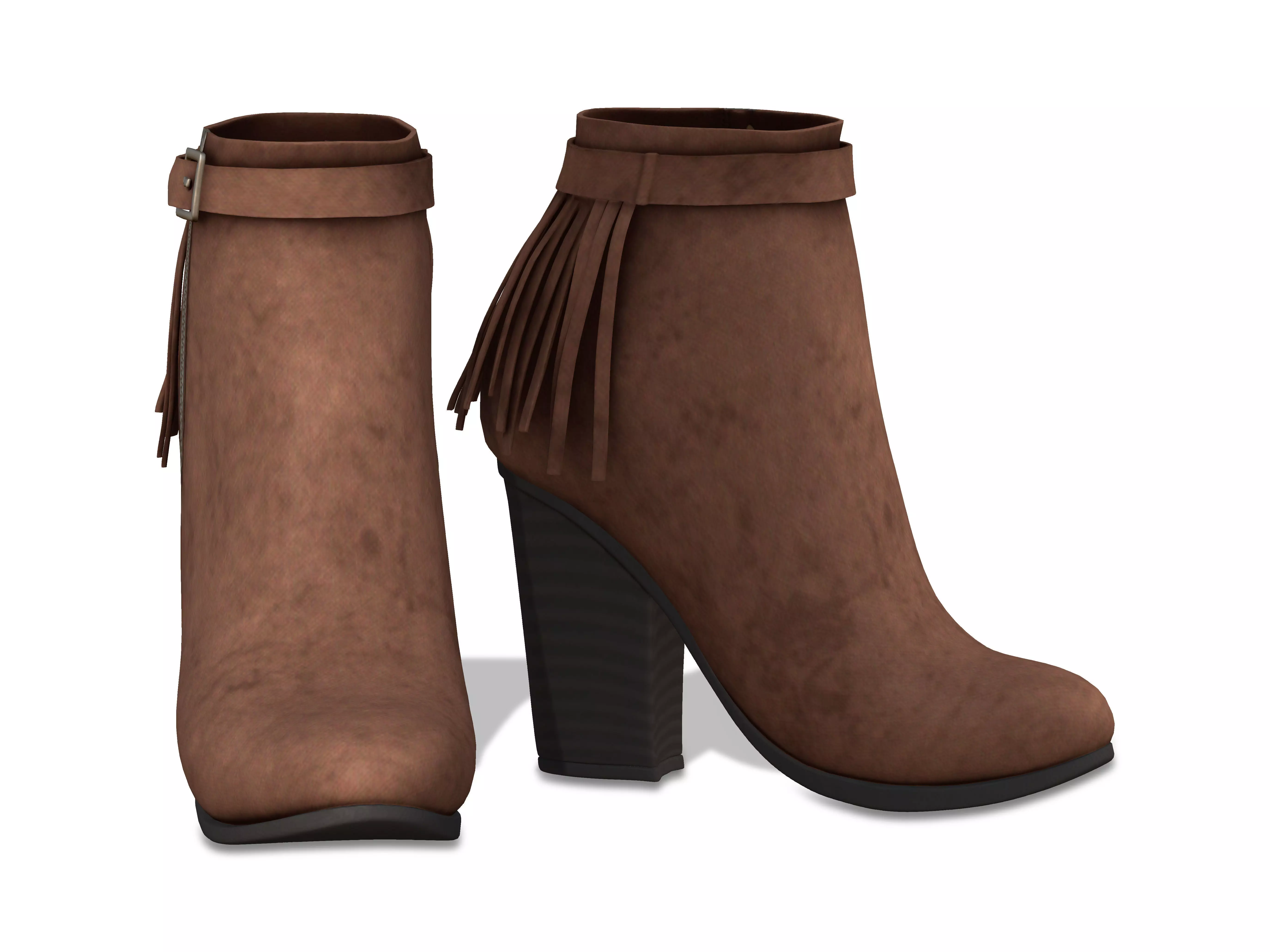 Brown Leather Fringe Ankle Boots With Zipper And Buckles Low-poly 3D model_0