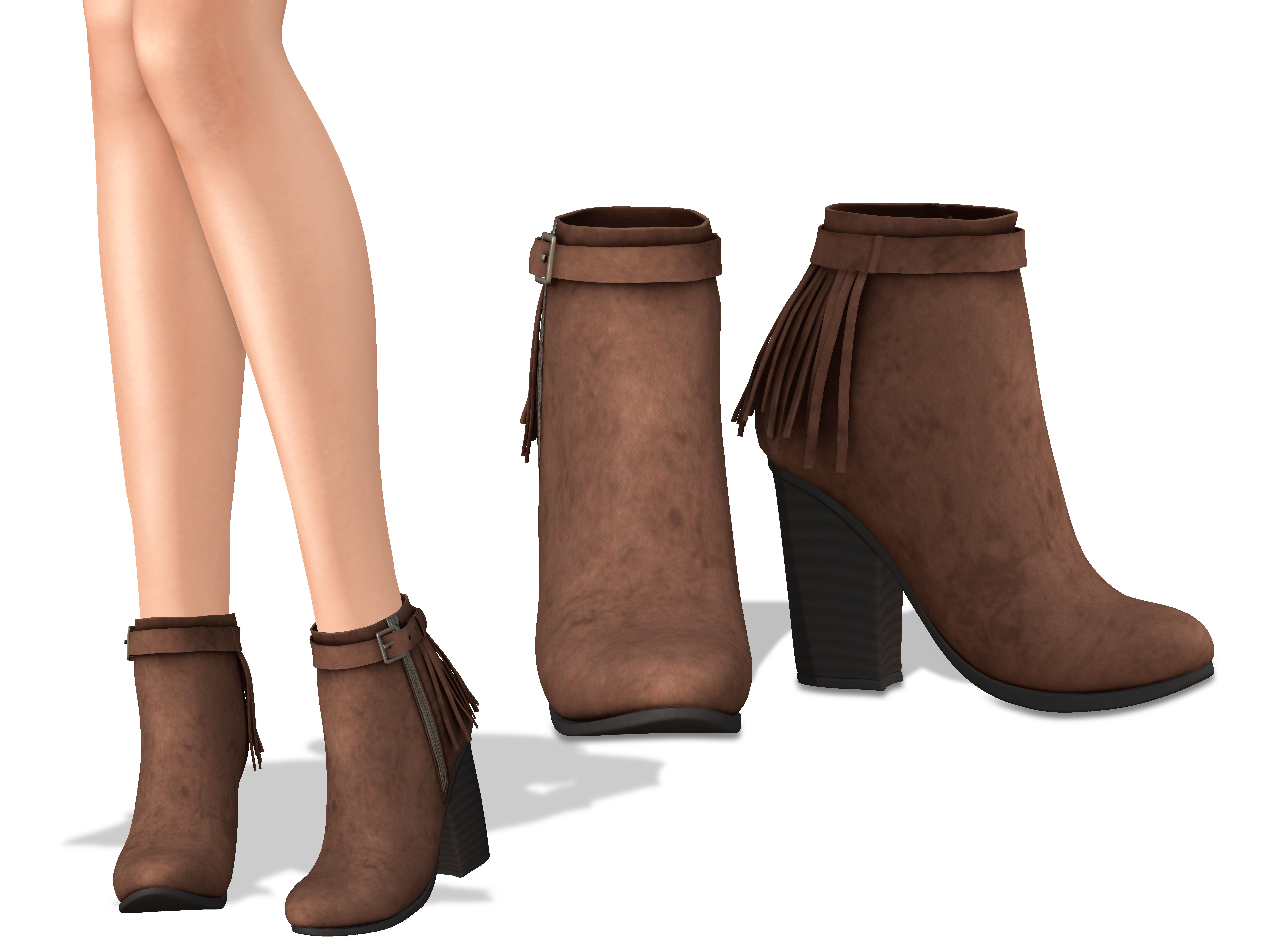Brown Leather Fringe Ankle Boots With Zipper And Buckles Low-poly 3D model_4
