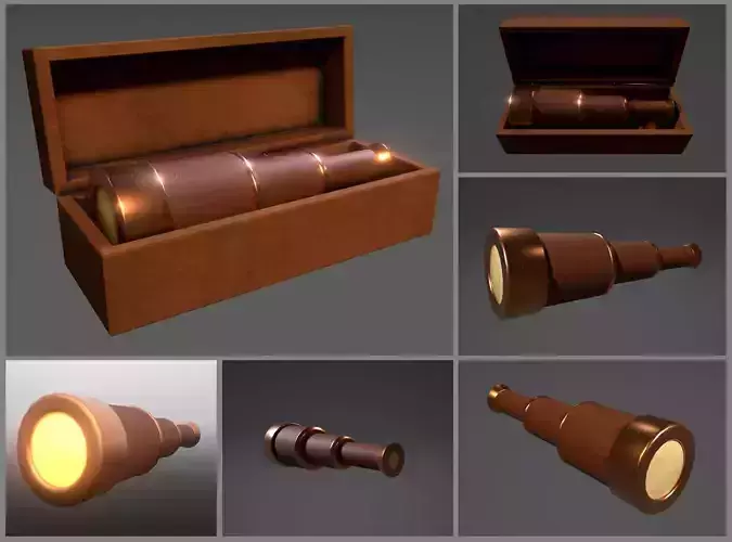 Simple stylized glowing low-poly pirate spyglass and box
