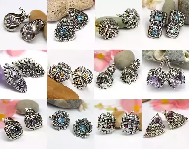 A set of latch-back earrings 3d models with stones for oxidizing 3D print model