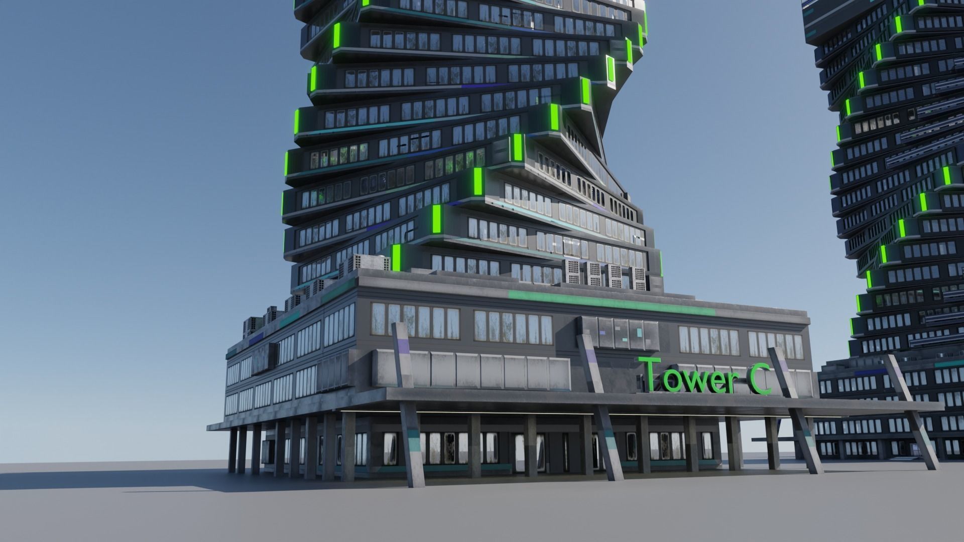 Skyscraper cascade with balconies and interior in 3 variant Low-poly 3D model_6