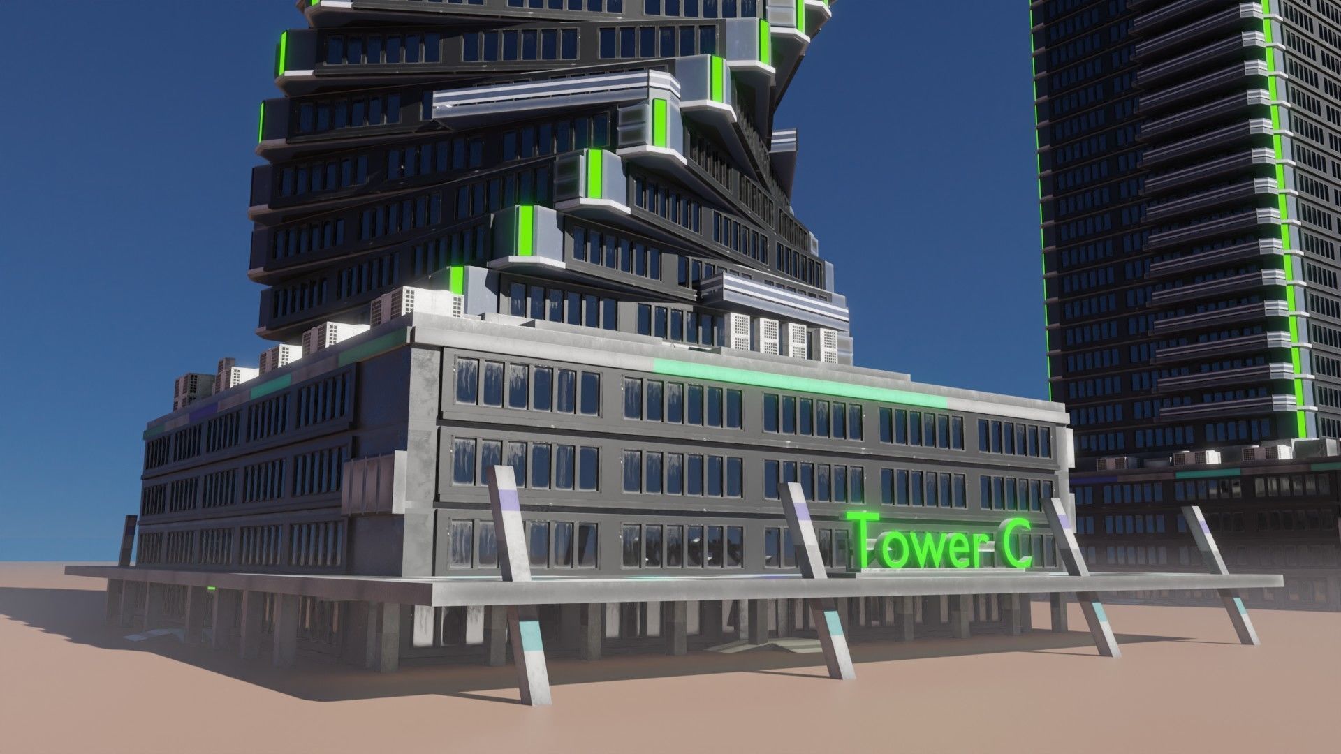 Skyscraper cascade with balconies and interior in 3 variant Low-poly 3D model_1