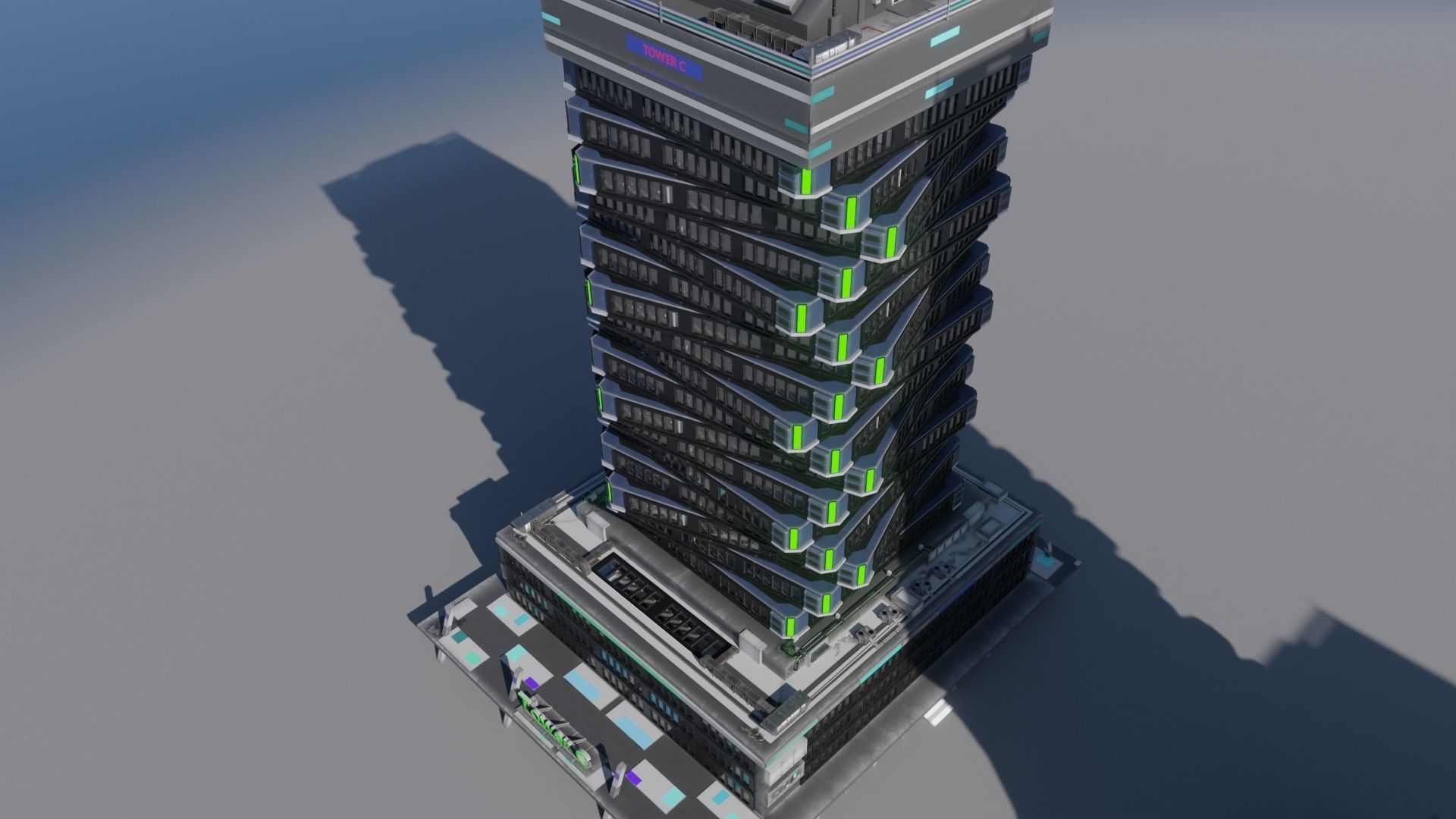 Skyscraper cascade with balconies and interior in 3 variant Low-poly 3D model_10