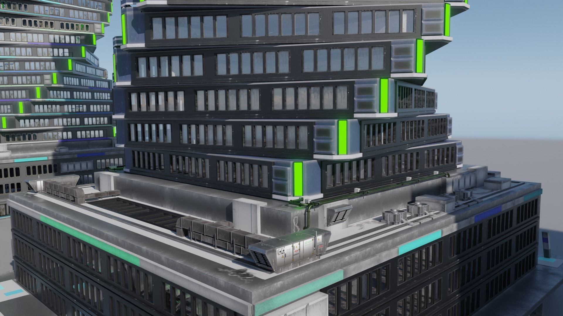 Skyscraper cascade with balconies and interior in 3 variant Low-poly 3D model_5