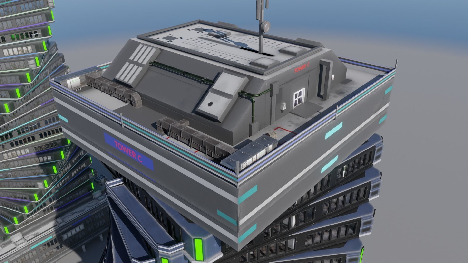 Skyscraper cascade with balconies and interior in 3 variant Low-poly 3D model_8