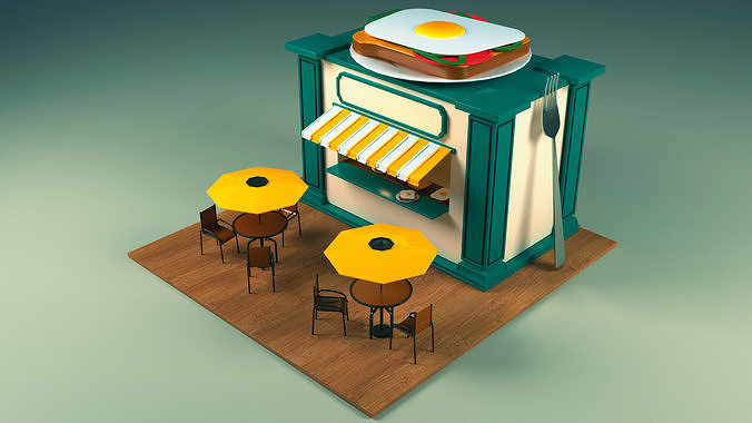 Restaurant coffee shop with tables and chairs Low-poly 3D model