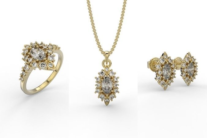 Set Ring Earring Pendant Oval stone engagement  3D print model