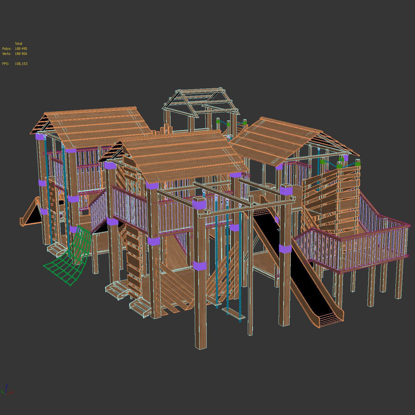 Playground two wooden play structures 3D model_9