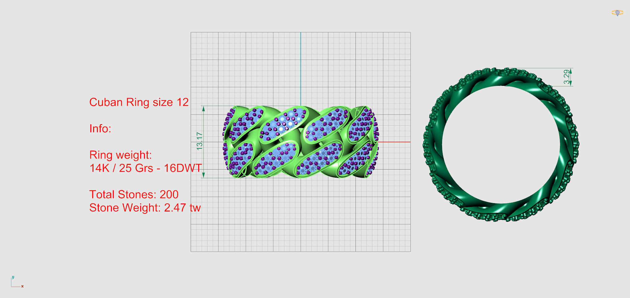 Cuban Link Ring With Stones - Size 12 3D print model_6