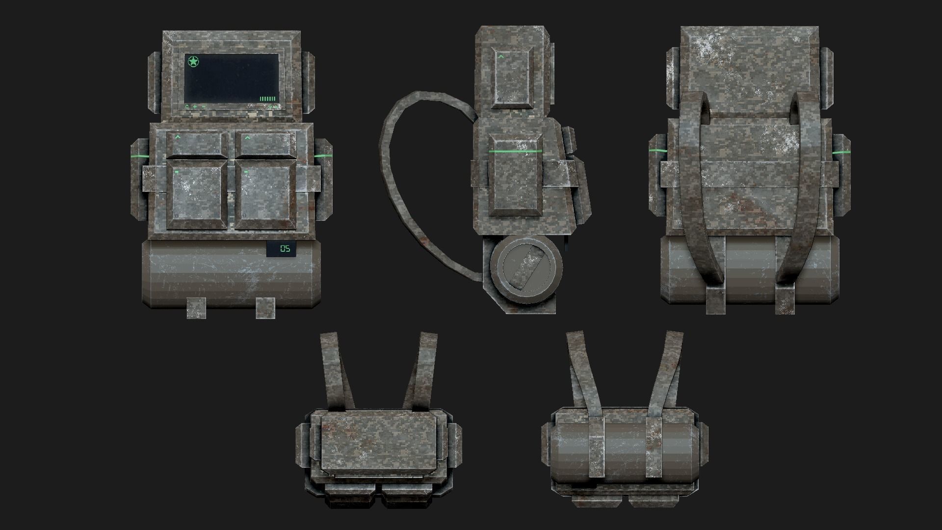 Sci-Fi Military Backpack - Character Design - Camouflage Low-poly 3D model_11