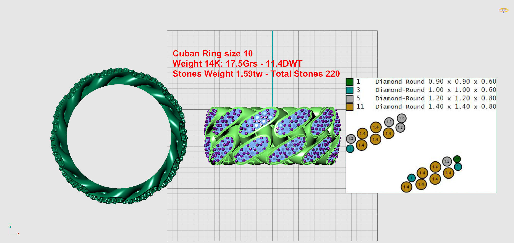 Cuban Link Ring With Stones - Size 10 3D print model_7
