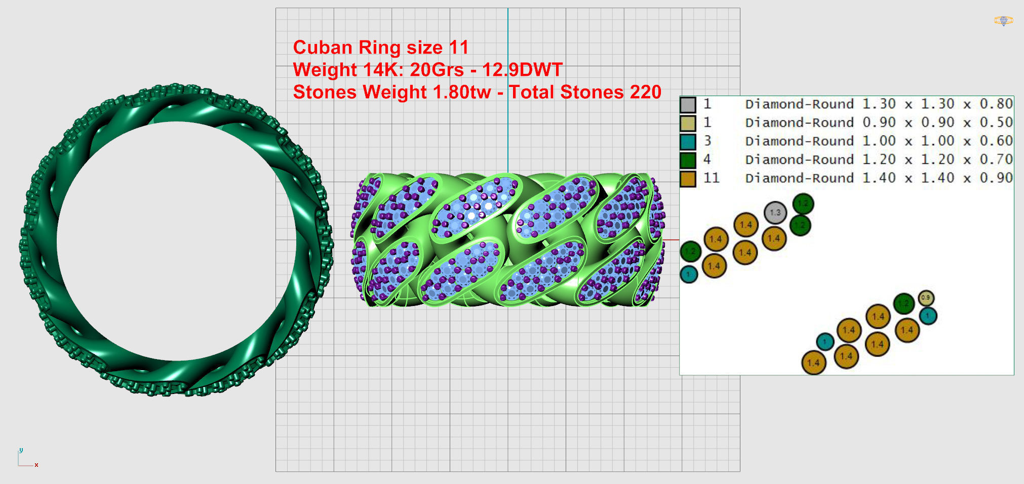 Cuban Link Ring With Stones - Size 11 3D print model_7