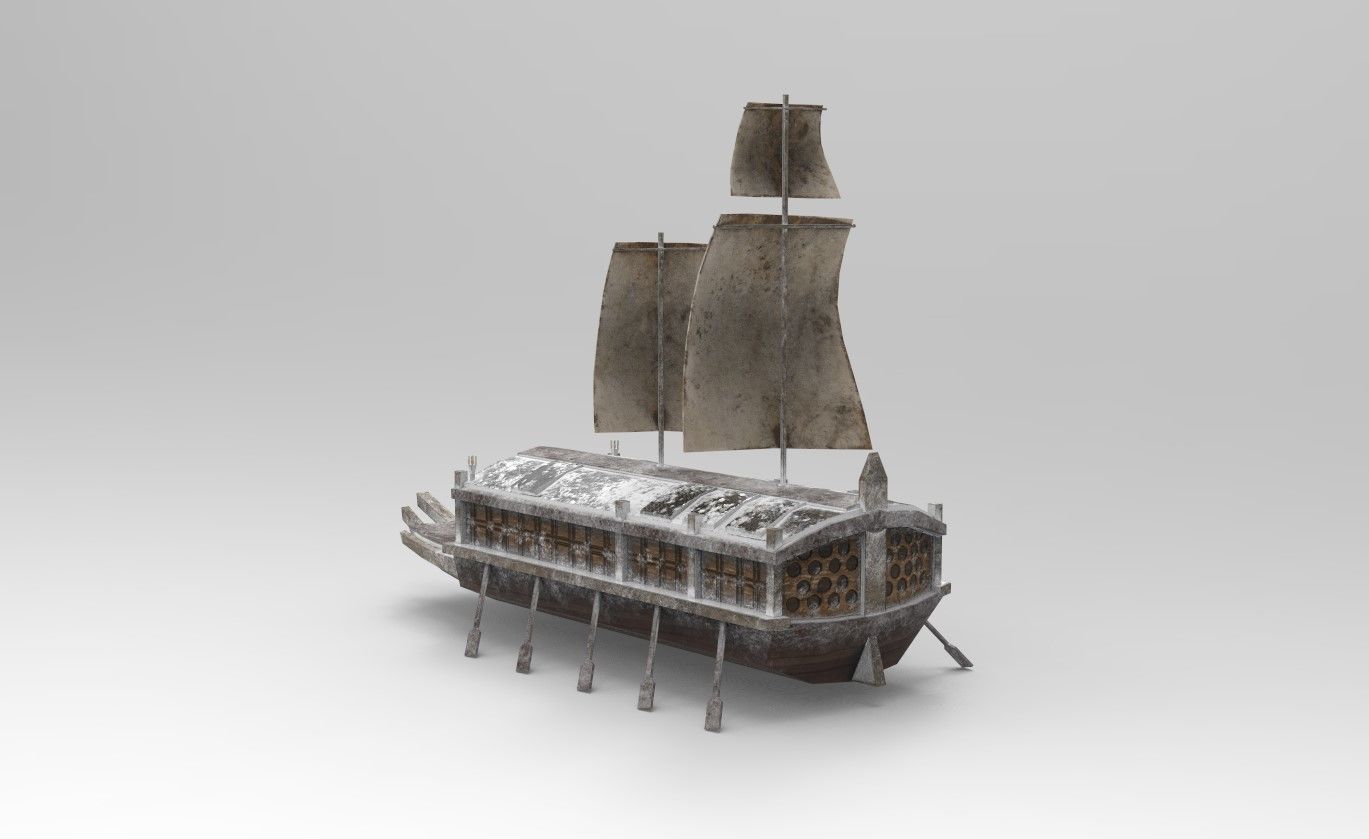 Korean Turtle Ship - Medieval Warship 03 - Snow Low-poly 3D model_8