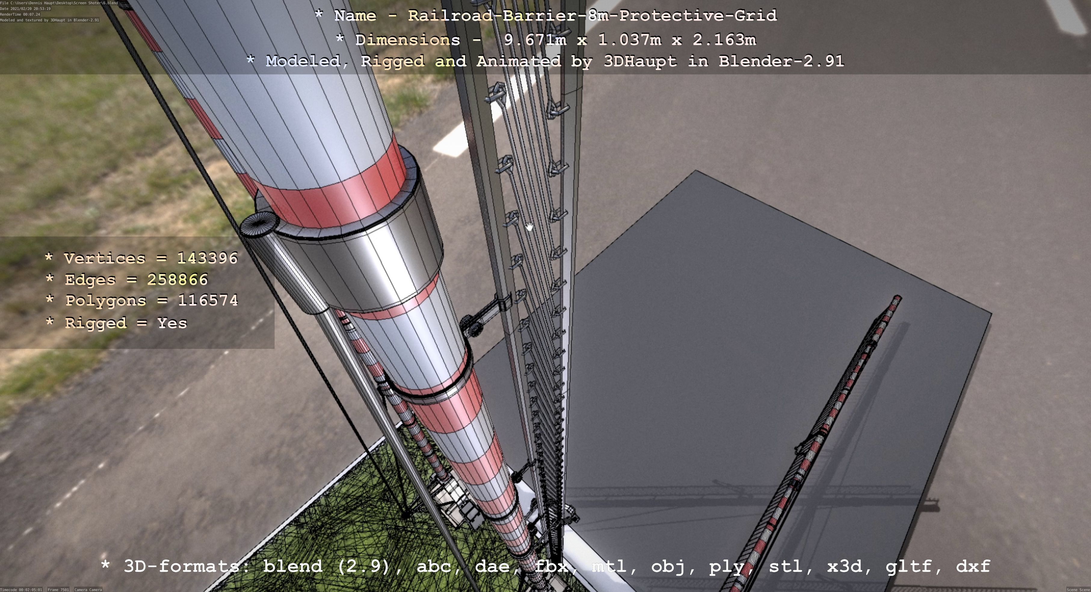 Railroad Barrier 8m High-Poly with Protective Grid 3D model_56