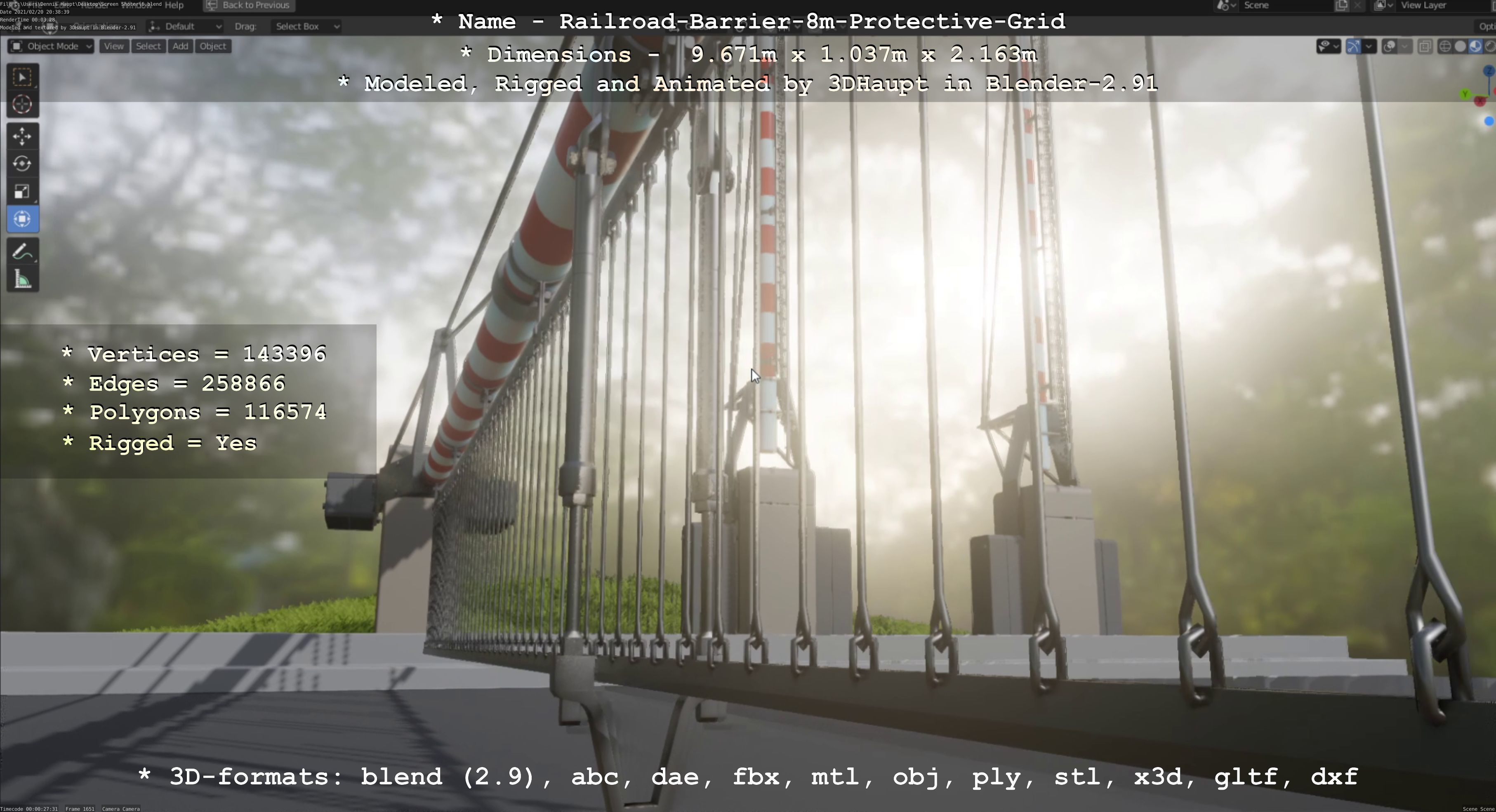 Railroad Barrier 8m High-Poly with Protective Grid 3D model_94