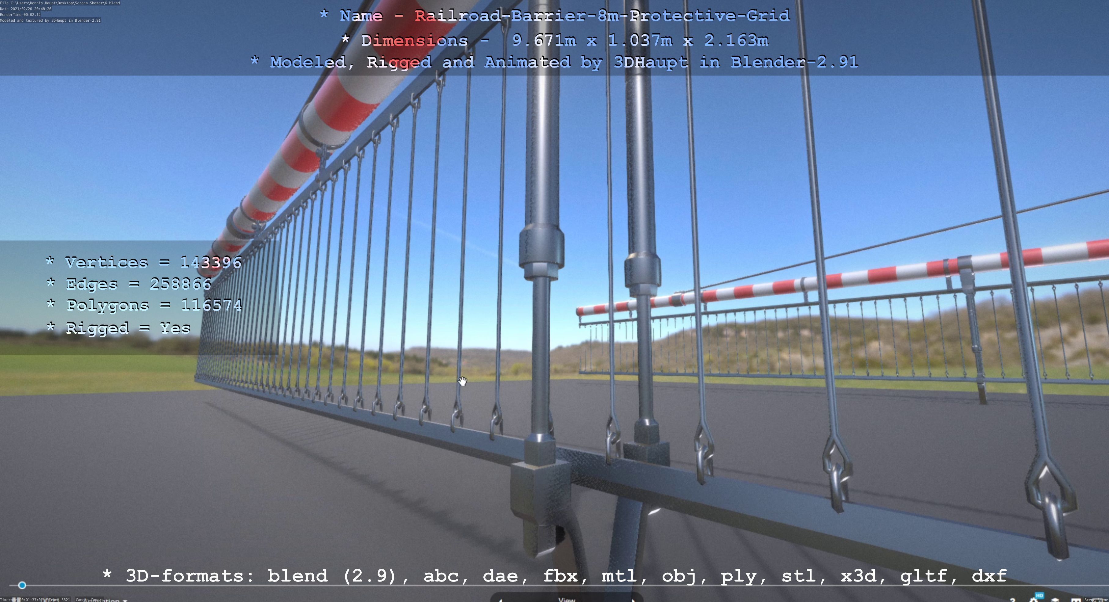 Railroad Barrier 8m High-Poly with Protective Grid 3D model_10