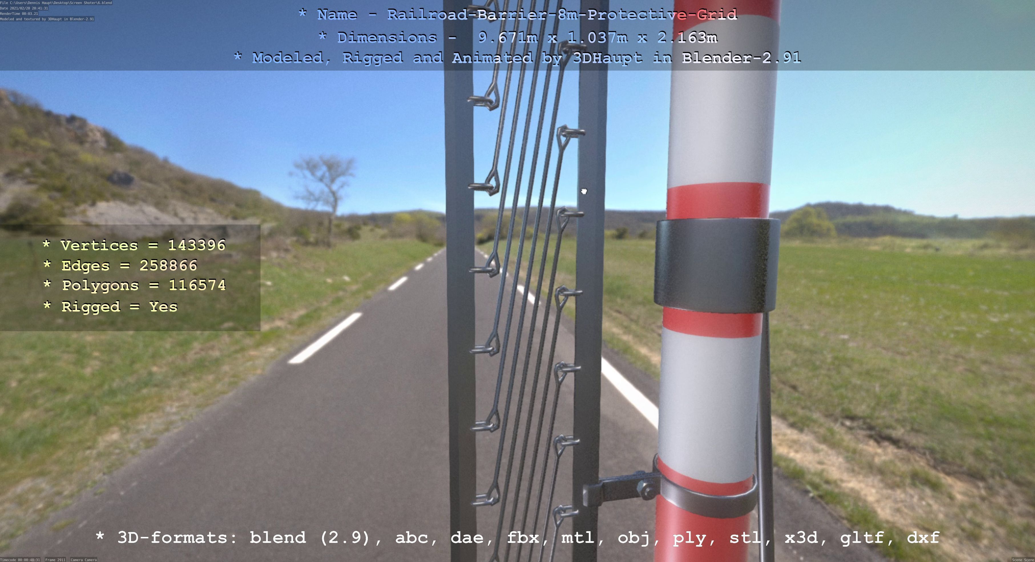 Railroad Barrier 8m High-Poly with Protective Grid 3D model_119