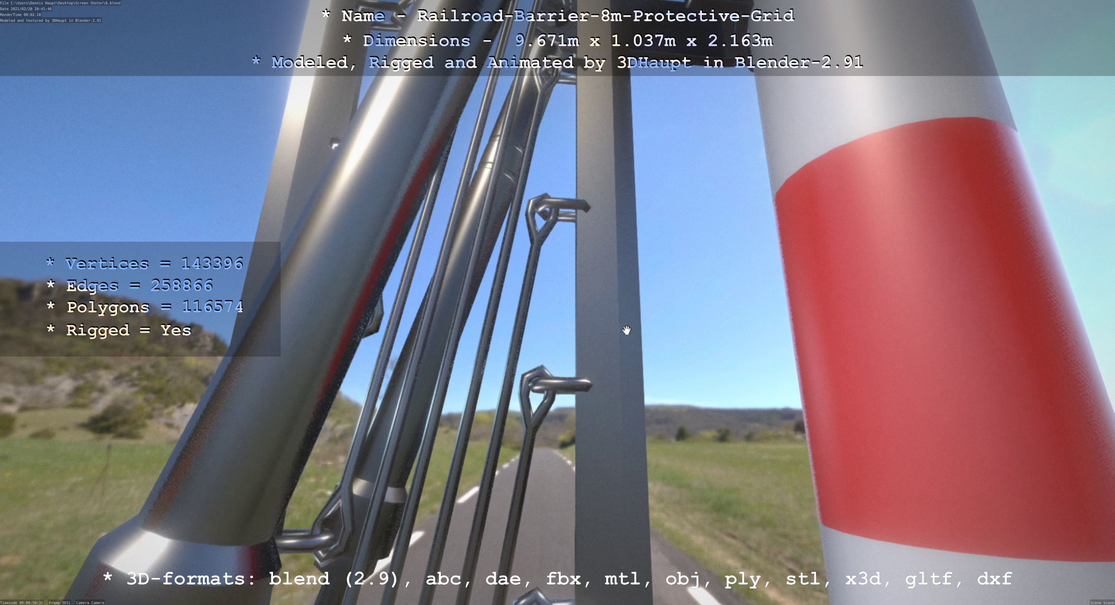 Railroad Barrier 8m High-Poly with Protective Grid 3D model_120