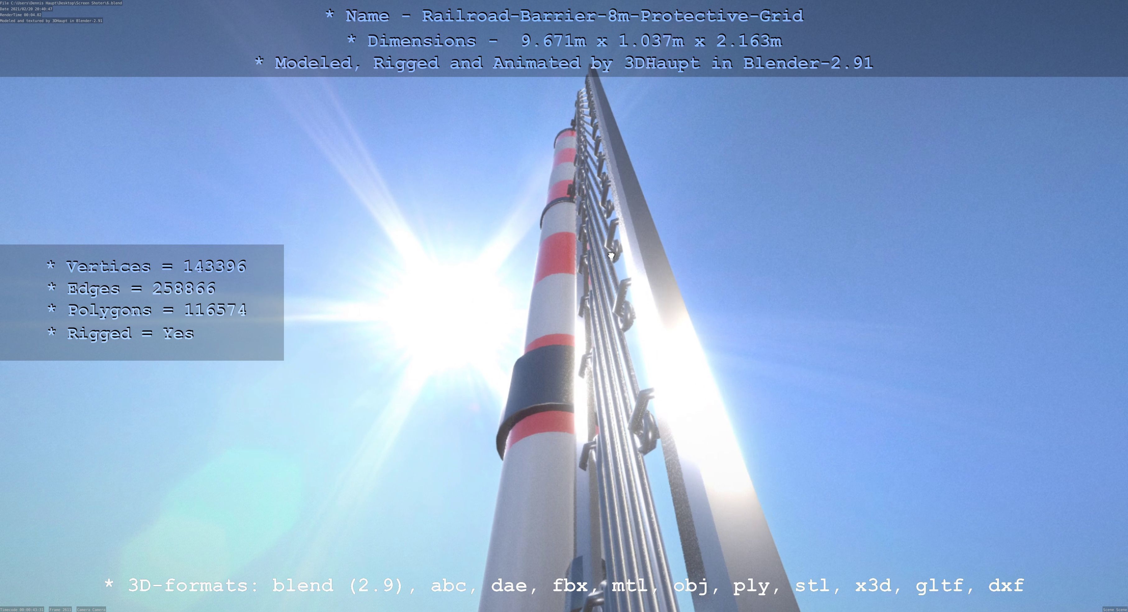 Railroad Barrier 8m High-Poly with Protective Grid 3D model_116