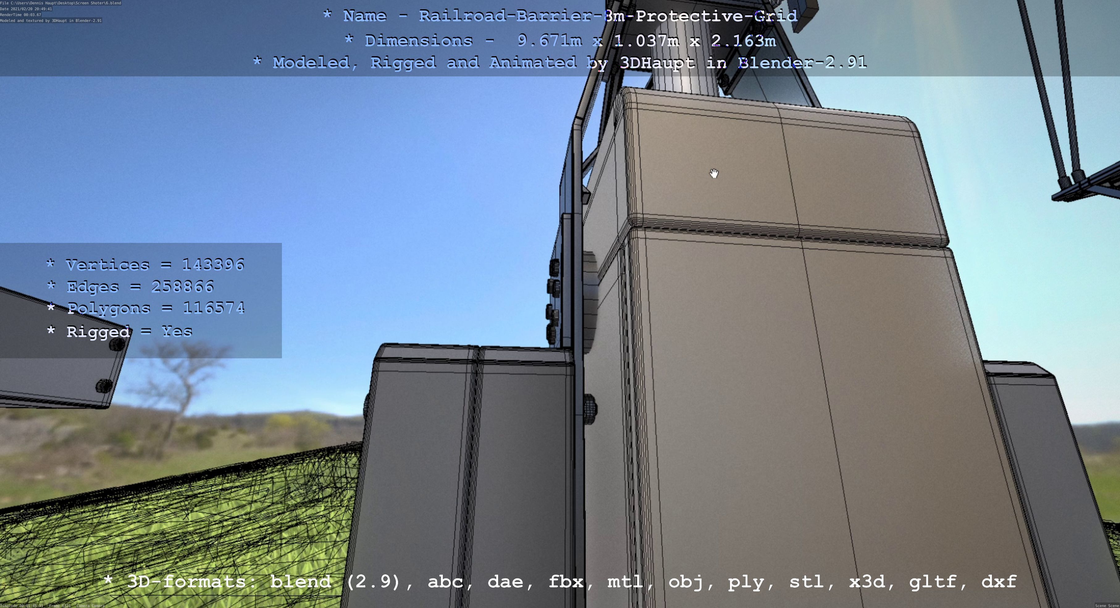 Railroad Barrier 8m High-Poly with Protective Grid 3D model_15