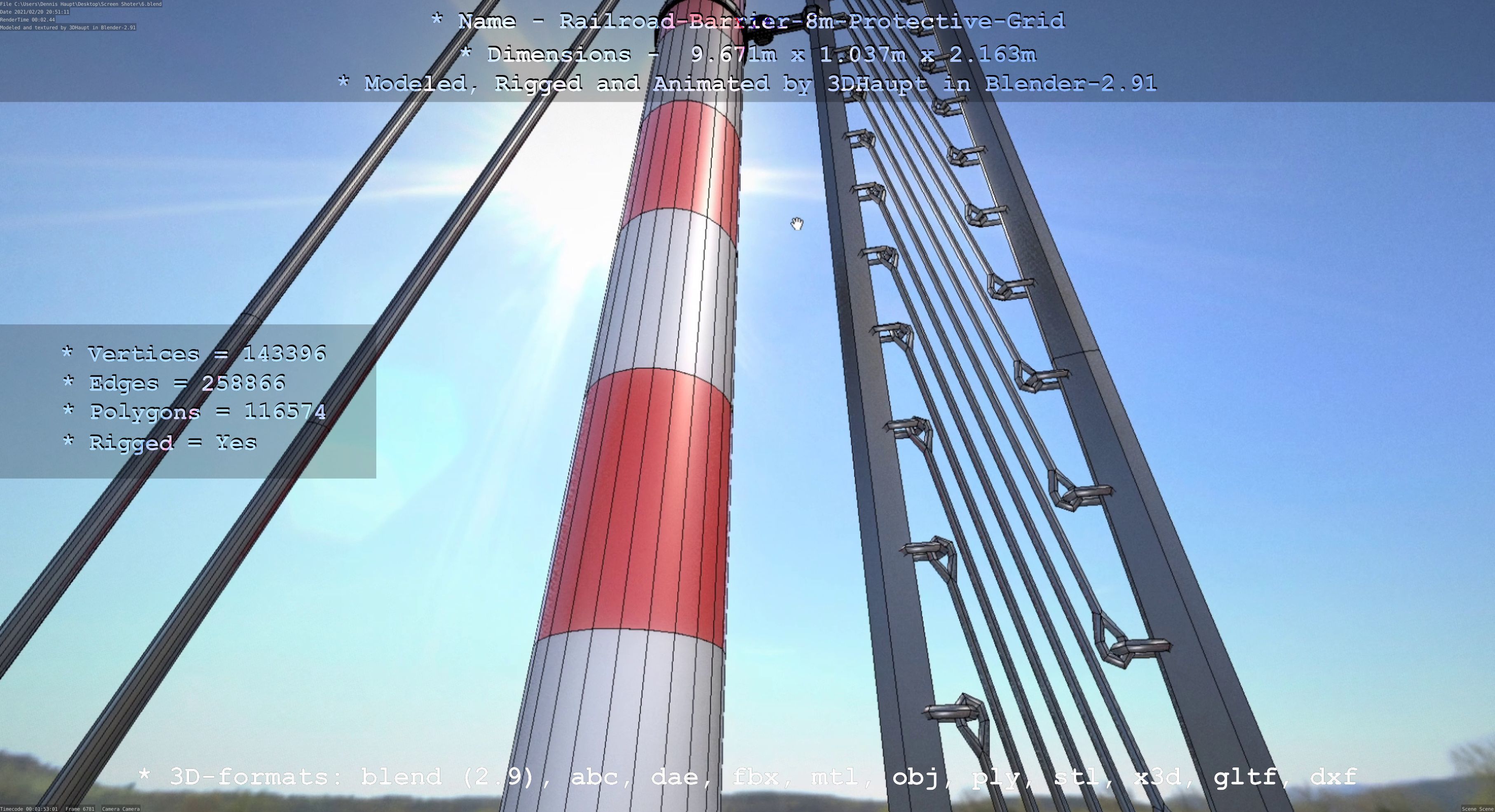 Railroad Barrier 8m High-Poly with Protective Grid 3D model_143