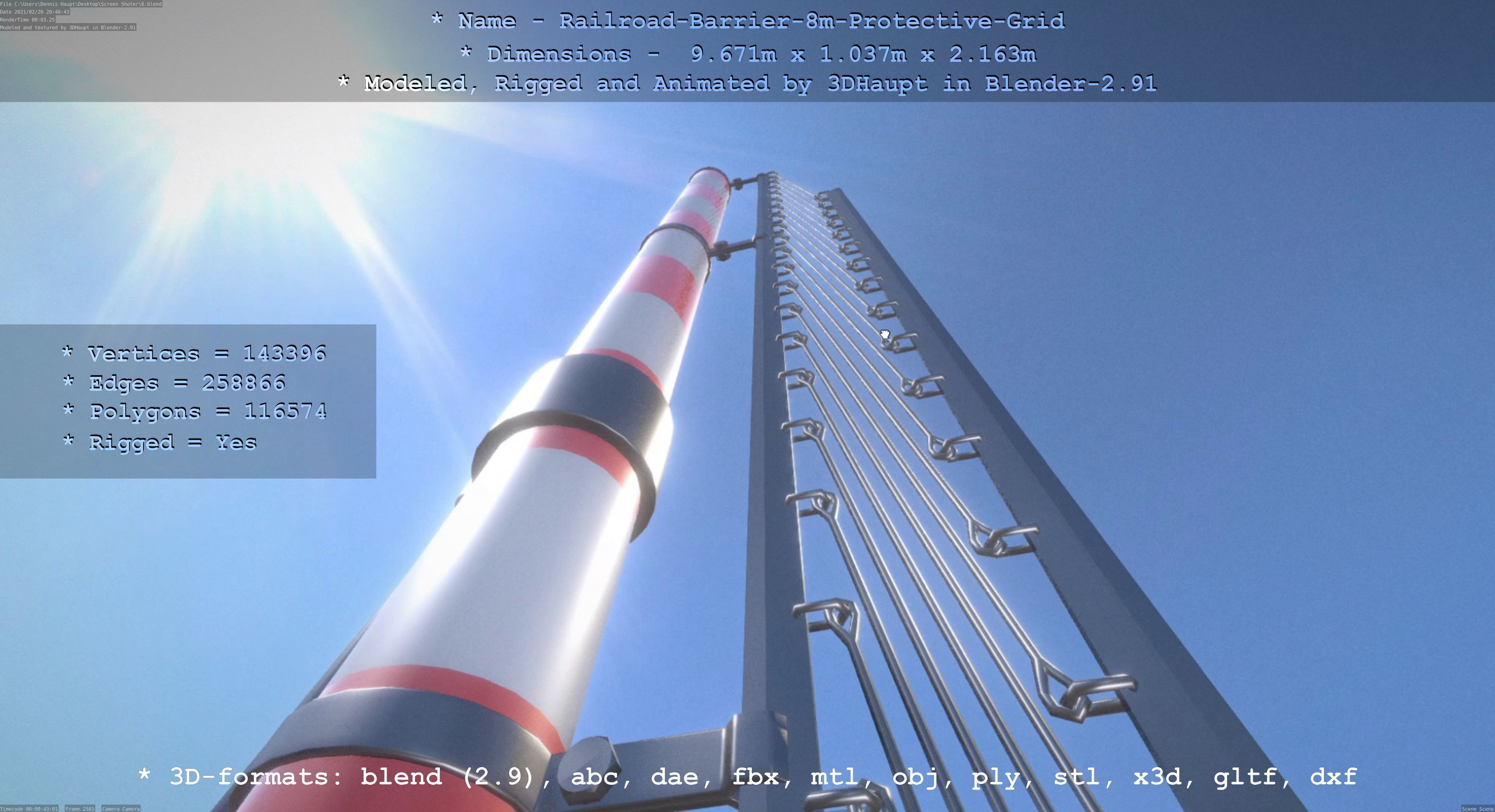 Railroad Barrier 8m High-Poly with Protective Grid 3D model_115