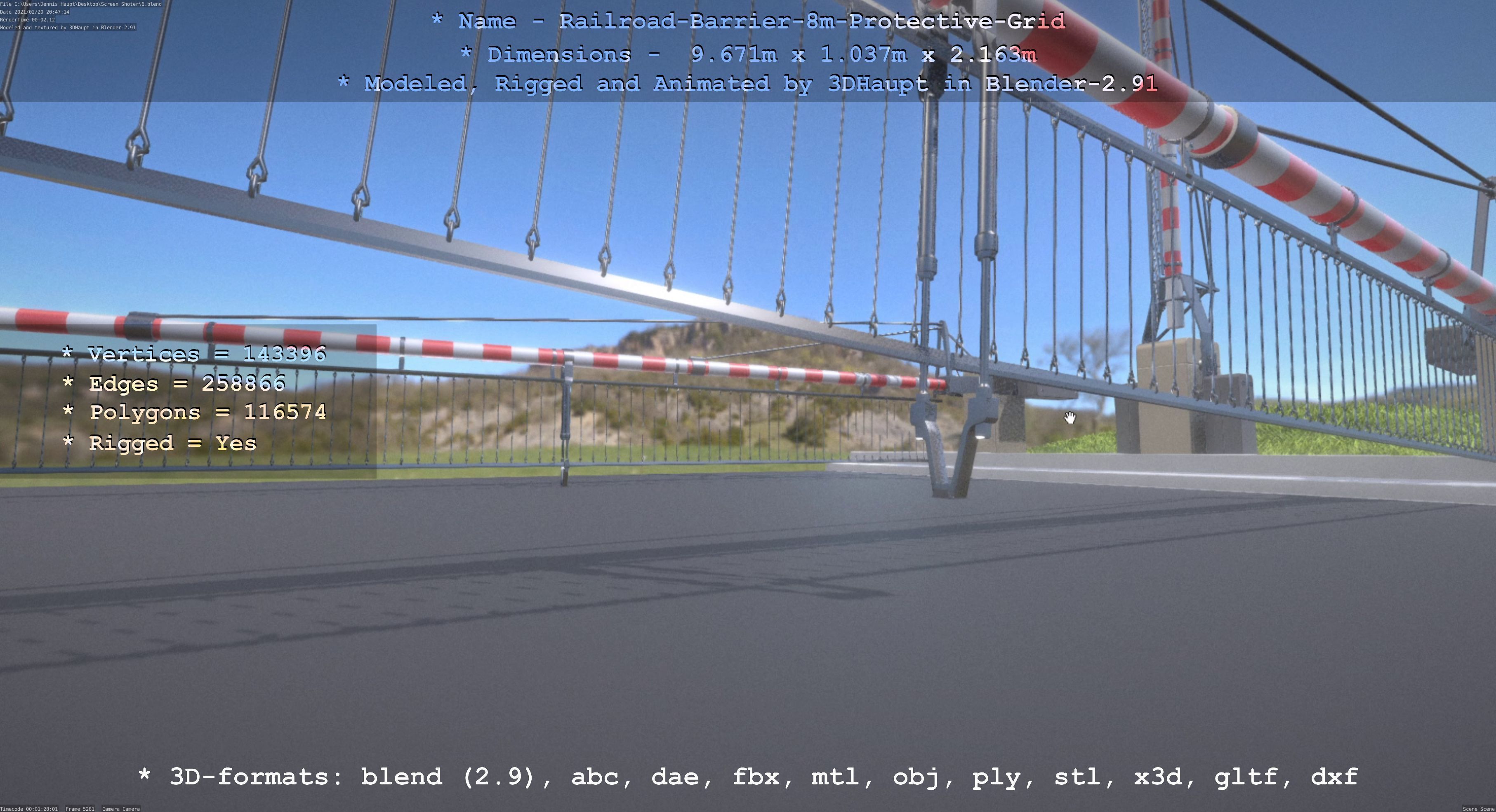 Railroad Barrier 8m High-Poly with Protective Grid 3D model_9