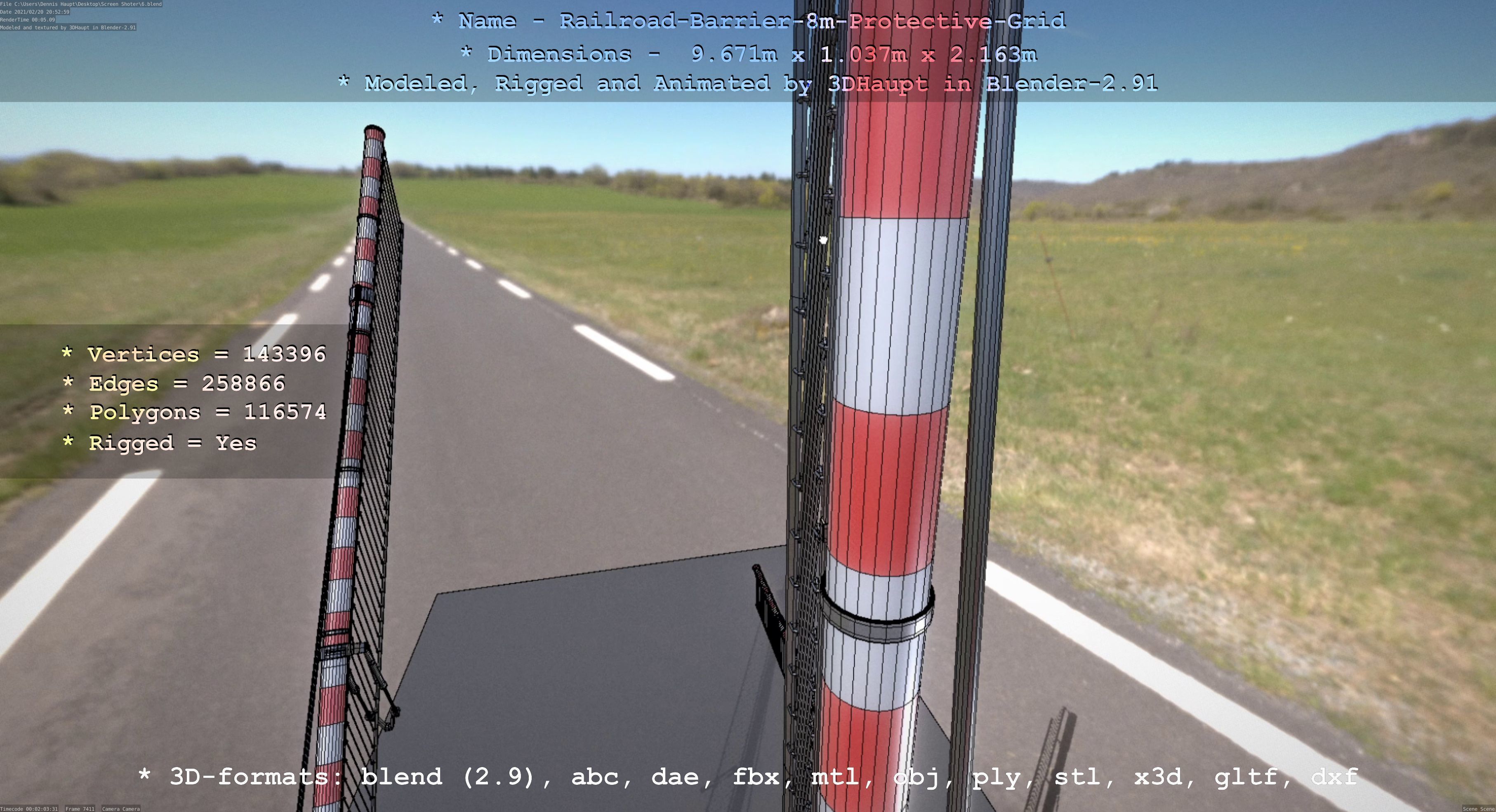 Railroad Barrier 8m High-Poly with Protective Grid 3D model_148