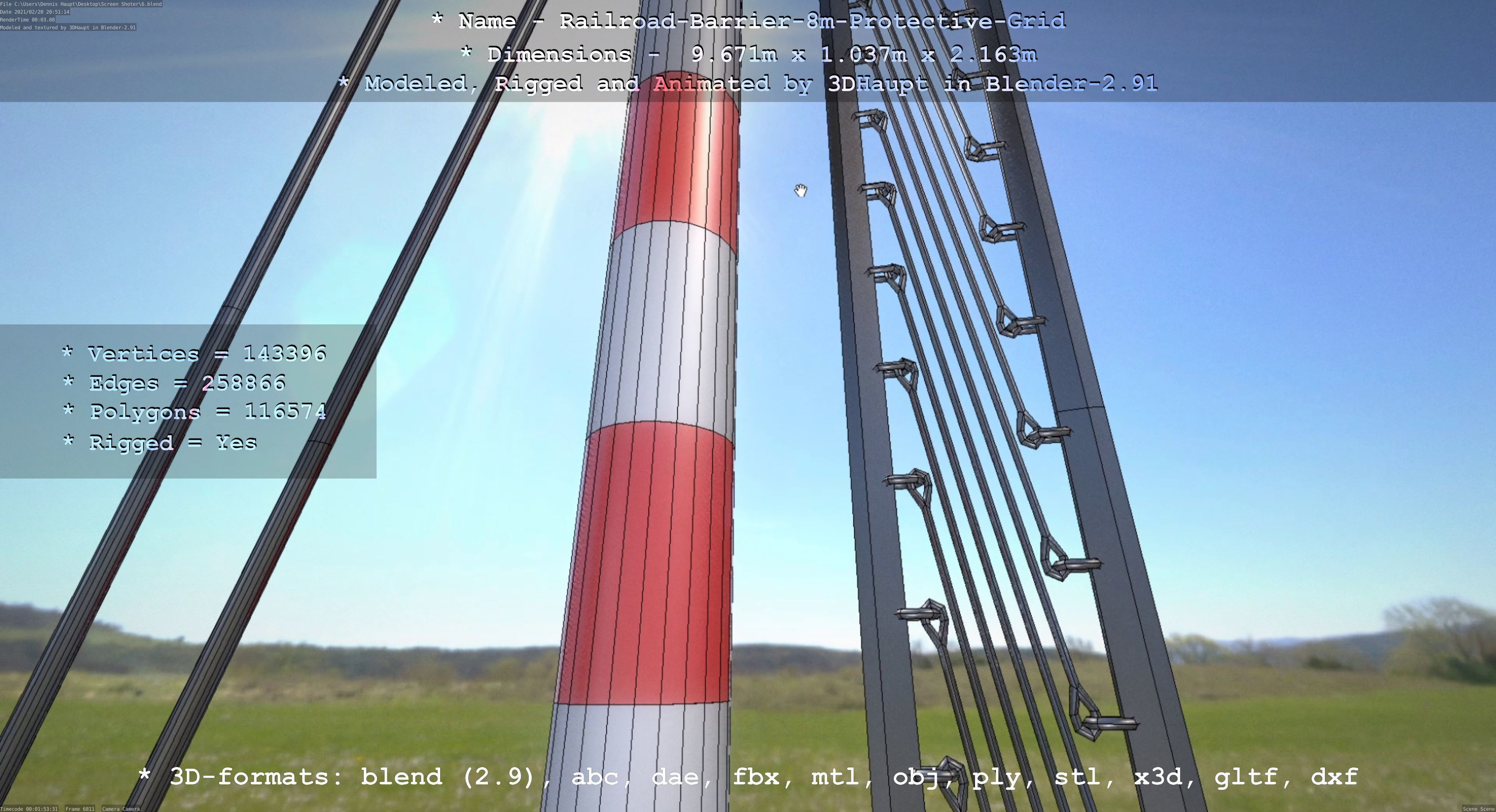 Railroad Barrier 8m High-Poly with Protective Grid 3D model_144